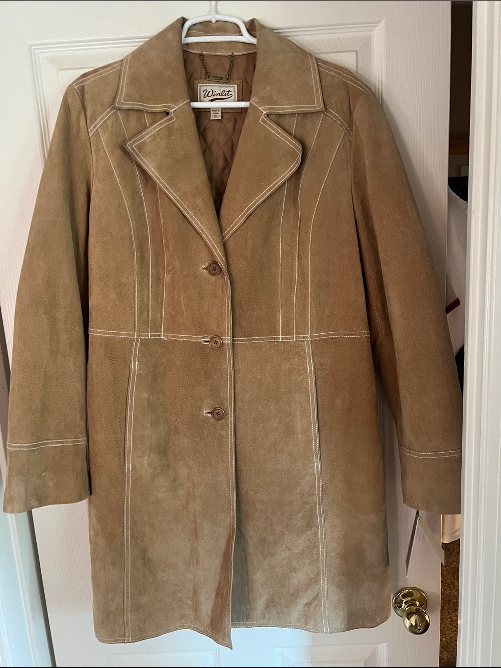 Woolrich Tan Suede Trench Coat with Contrast Stitching